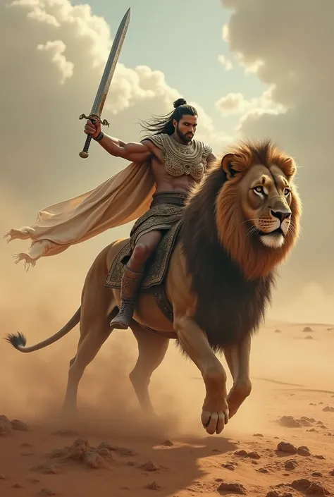  conquer giant monsters in a battle of life and death ,  rode a mighty lion in the middle of the vast desert .  He raised the sword bravely , prepare to face Scorpion King in the desert with cloudy skies