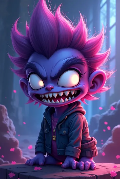 Create a 2D photo, simple but beautiful for my TikTok account. The idea is that the monster is punk, That he has punk hair, Your eyes are angry and white, But a smile (NOT open , If not closed) And at the corner of his mouth a fang peeks out, Let the image...