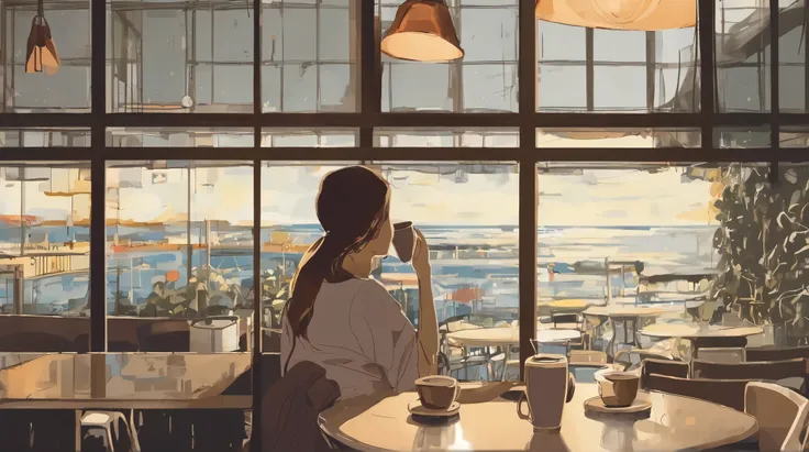 A lonely woman is looking out the window drinking coffee at a cafe