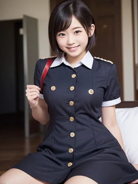 ( HD)、( high quality)、( short hair)、(tight, short-sleeved dress)、(Collared dress)、( dress with buttons on the chest)、( two Japanese girls )、(Big Breasts:1.3)、(smile:1.3)、(Young face:1.4)、( are small:1.4)、(uniform:1.3)