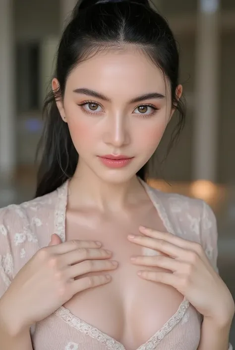 Mai Davika Hoorne, beautiful pale skin Russian woman holding her chest for a tits job, ultra detailed facial features, natural facial skin without make up, alluring facial expression, UHD, 16K, RAW, natural eyes, photorealistic, soft lighting, (((nude))), ...