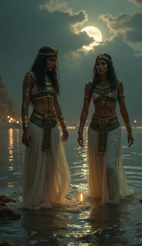  The goddesses Isis and Nephty in Egyptian dress are looking for the chest containing Osiris , They are doing their research on the banks of the Nile which is agitated ,  the weather is dark . The goddesses' faces are frightened 