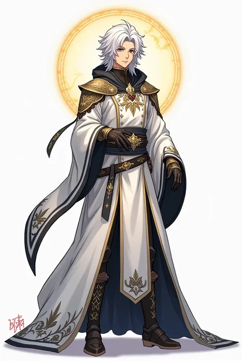 create a hip level image, cartoon anime style, of one, tall lean, athletic, adult, japanese, human male, with medium, wavy, white hair, and black irises, wearing full body, white (with black embroidery and outlines), fantasy, mage robe armor, smiling, add ...