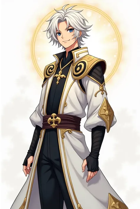 create a hip level image, cartoon anime style, of one, tall lean, athletic, adult, japanese, human male, with medium, wavy, white hair, and black irises, wearing full body, white (with black embroidery and outlines), fantasy, mage robe armor, smiling, add ...