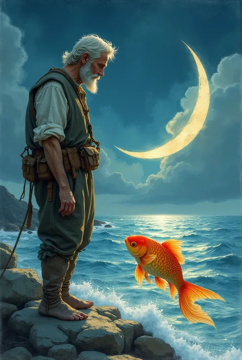  Illustration for a fairy tale  "Fisherman and goldfish".  A fisherman stands at sea with nets and talks to a goldfish, moonmoon in the sky .  Watercolor style with a careless sketch liner 