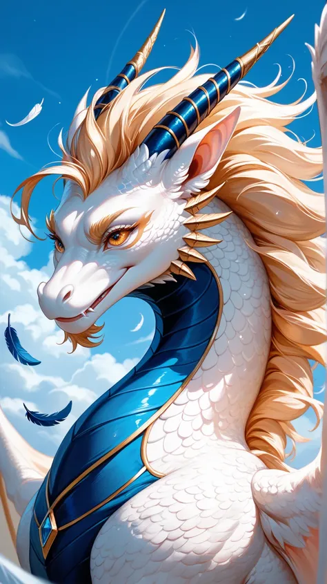 Generate an original artwork featuring a majestic dragon soaring against a clear blue sky adorned with wispy white cirrus clouds. The dragon should have an awe-inspiring presence, with its wings spread wide, capturing the essence of grace and power. The cl...