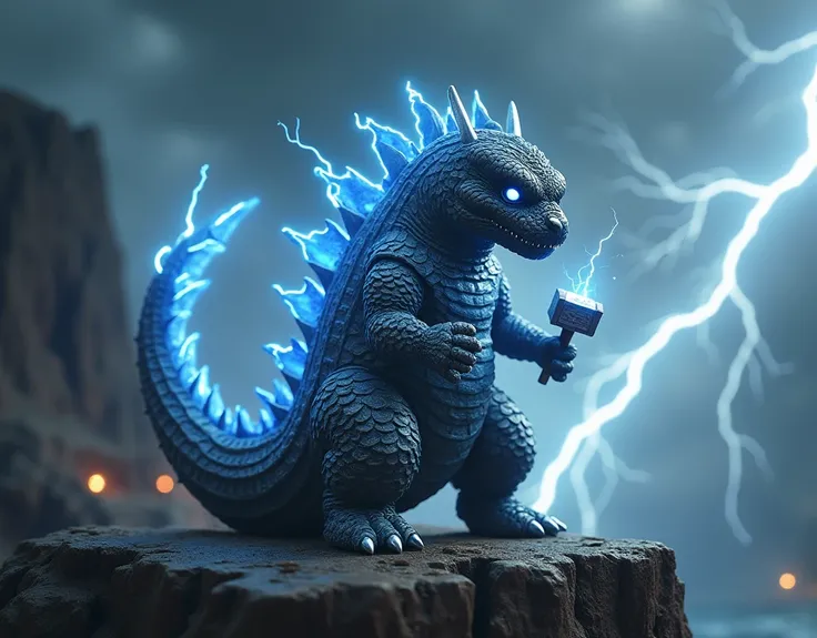 A tiny Godzilla with a mighty, stormy presence, covered in metallic gray scales with hints of lightning blue and silver, reflecting Thor's armor. The creature stands on a rocky cliffside, with a tiny hammer-like object in its hand, channeling the power of ...