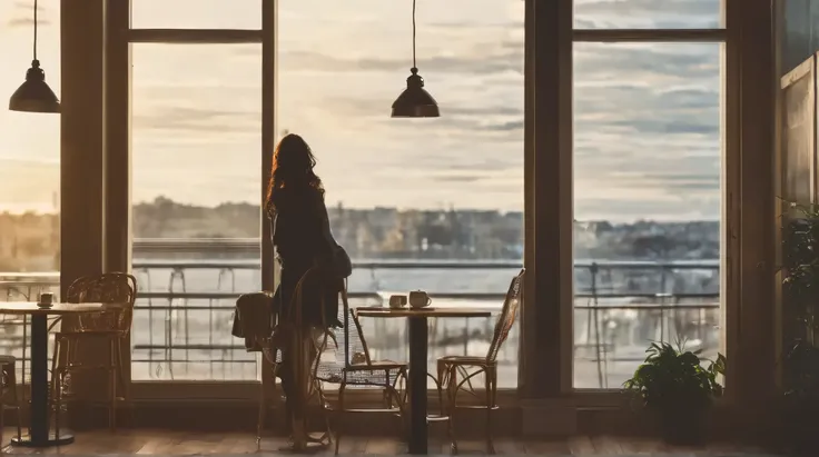 A lonely woman is looking out the window drinking coffee at a cafe