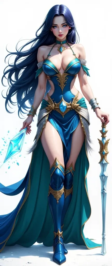 Design a fictional female character, an ice sorceress, aged 22, height 168 cm, slender and elegant build, pale skin with subtle blue tones reflecting her icy powers, long dark blue hair with peacock-like color gradients, styled in loose waves with strands ...