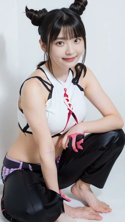  close-up of a woman wearing a white tank top,， Juli Han from Street Fighter 6 ,Street Fighter 6's Juri Han Cosplay ,  evil smile, hyperrealistic anime，Hair horn， Her hair has purple stripes on both sides of her head adding a pop of color， white baggy pant...