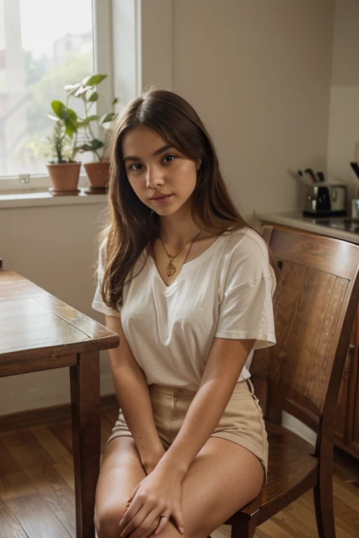 In the photo, the 17-year-old girl with super long, curly hair in a light brown tone is sitting in the dining room of her house, capturing a serene moment. She is wearing a loose white t-shirt and short shorts, giving her a fresh and comfortable look. Addi...