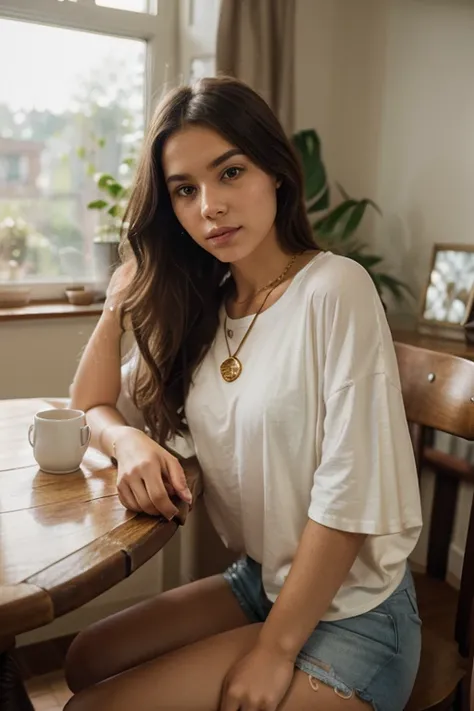 In the photo, the 17-year-old girl with super long, curly hair in a light brown tone is sitting in the dining room of her house, capturing a serene moment. She is wearing a loose white t-shirt and short shorts, giving her a fresh and comfortable look. Addi...