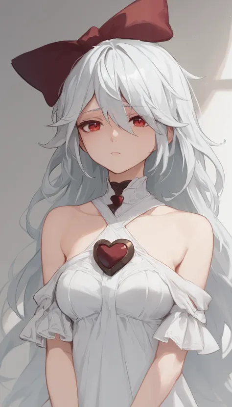 score_9, score_8_up, score_7_up, sinestrea, 1girl, white hair, bare shoulders, white dress, frown hair bow, long hair, heart brooch, medium breasts, hair bow, ribbon, red eyes,Bedroom
