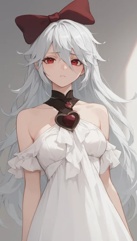 score_9, score_8_up, score_7_up, sinestrea, 1girl, white hair, bare shoulders, white dress, frown hair bow, long hair, heart brooch, medium breasts, hair bow, ribbon, red eyes,Bedroom