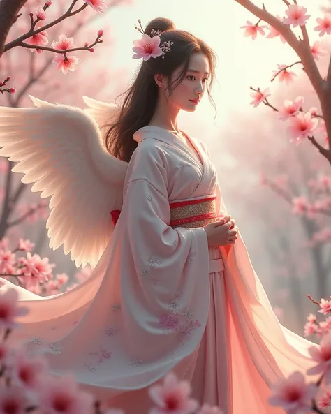 Elegant Japanese goddess in a flowing kimono, surrounded by cherry blossoms, soft pastel colors, serene expression, with delicate angel wings, blending traditional and ethereal beauty."