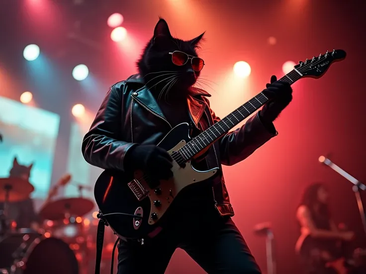 cat in the stage, kitty, cinematic angle, black cat kitty, two-tone hair, black leather jacket, playing guitar, sunglasses, smoking cigarette , rock concert, rock festival, from below