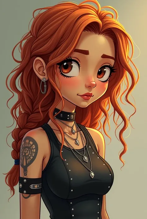 A girl with curly hair,  her hair is braided , with a single braid ,  her hair is light red ,  she is wearing heavy metal clothes ,  her skin color is yellowish she has a ring on her nose,  being  on average, No tattoos or anything. (Handmade animation sty...