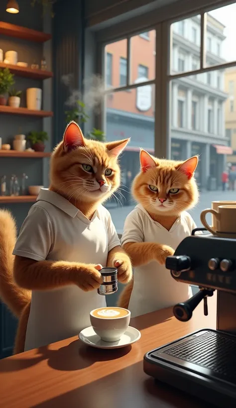 A pair of cats prepare delicious coffee in a trendy city cafe