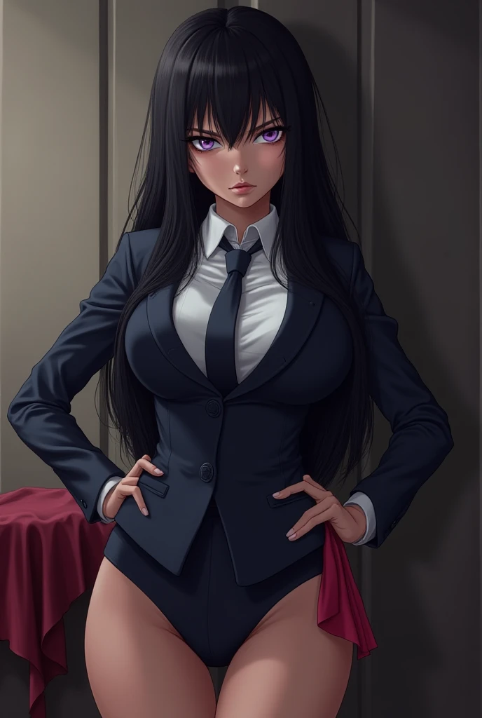  A female security officer with long black hair and intense purple eyes.  She has one hand resting on her hips and the other holding panties .  The girl has a bulky body , with long breasts ,  butts and thighs that were marked on the girl's suit .  angry e...