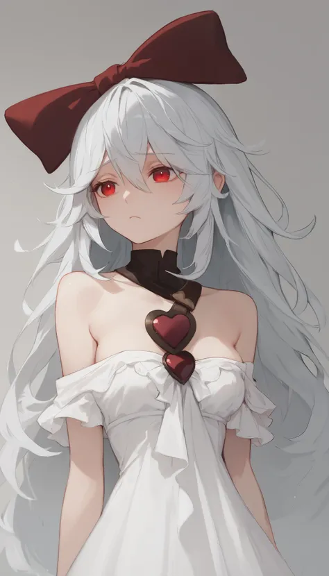 score_9, score_8_up, score_7_up, sinestrea, 1girl, white hair, bare shoulders, white dress, frown hair bow, long hair, heart brooch, medium breasts, hair bow, ribbon, red eyes,Bedroom