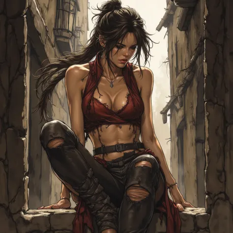 rough charcoal sketch in the style of Luis Royo, a beautiful young Caucasian woman with long flowing brunette hair in a messy windswept top knot ponytail. Wearing a tattered burnt red leather sleeveless minivest, midriff, ripped leather pants, buckled thig...