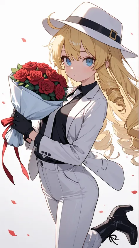 (score_9, score_8_up, score_7_up), ultra-detailed, detailed face, upper body shot, (looking at viewer), 
Solo, a girl, blonde, long hair, drill hair, ahoge, blue eyes, slant eyes, narrow eyes, small breasts, 

white fedora hat, white suit jacket, open jack...