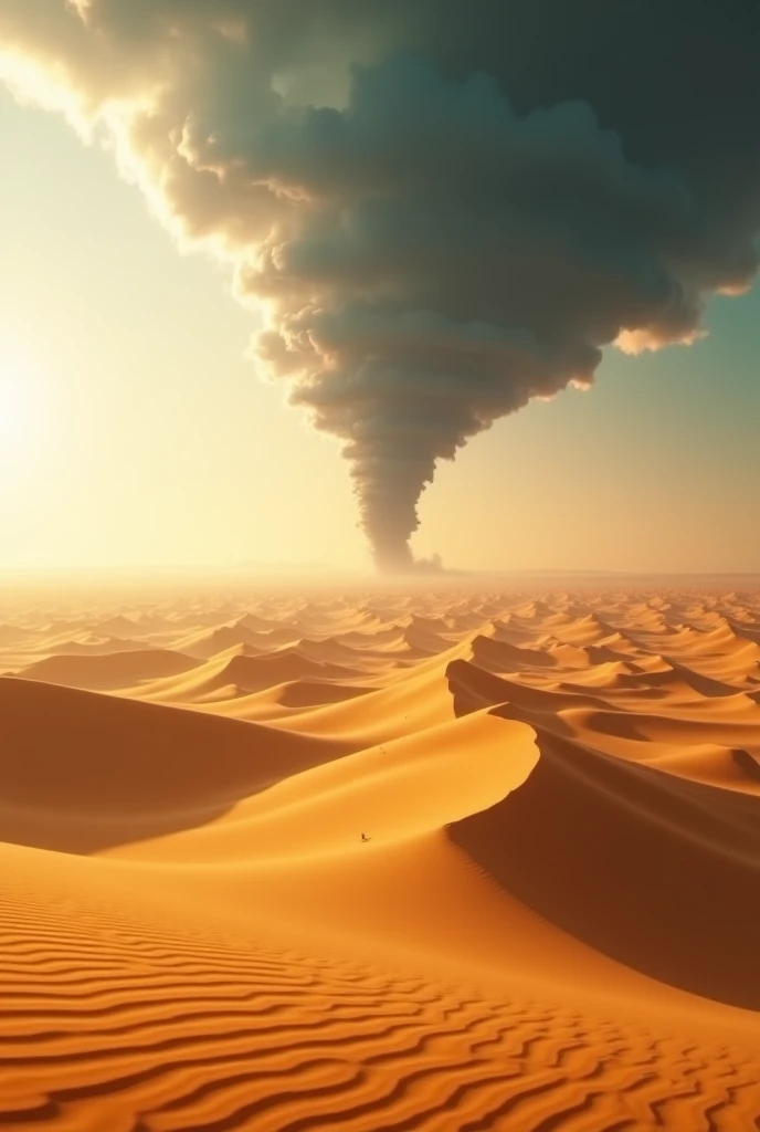 vast desert, sand dunes, With a tornado on the horizon, Rays, aurora boreal longe. 