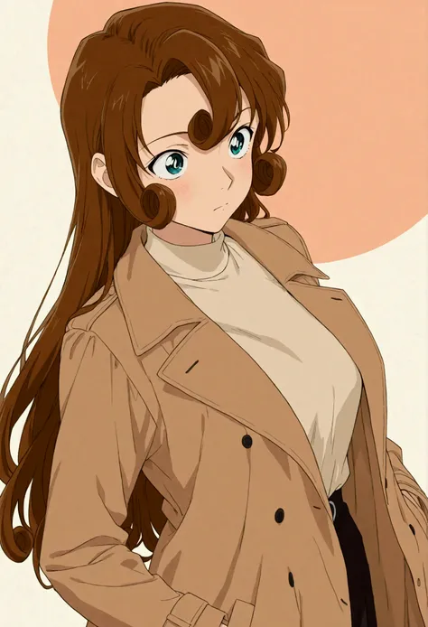 Single color background,masterpiece, best quality,amazing quality, very aesthetic, absurdres, best quality,   1girl  ,Yukiko Kudou,long hair,brown hair,hair circle,multiple hair circles,3 hair circles,long coat