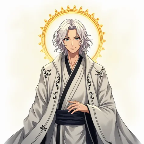 create a hip level image, cartoon anime style, of one, tall lean, athletic, adult, japanese, human male, with medium, wavy, white hair, and black irises, wearing full body, white (with black embroidery and outlines), fantasy, mage robe armor, smiling, faci...