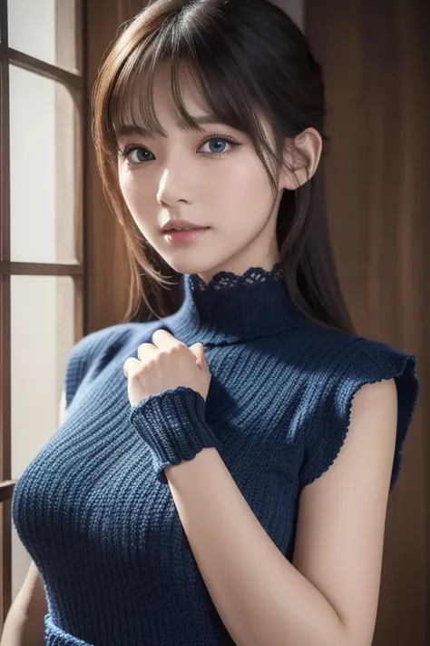 masutepiece, Best Quality, Ultra-detailed, finely detail, hight resolution, 8K picture quality, Perfect dynamic composition, Beautiful detailed eyes, Natural Lip, Dark blue knitted dress ,