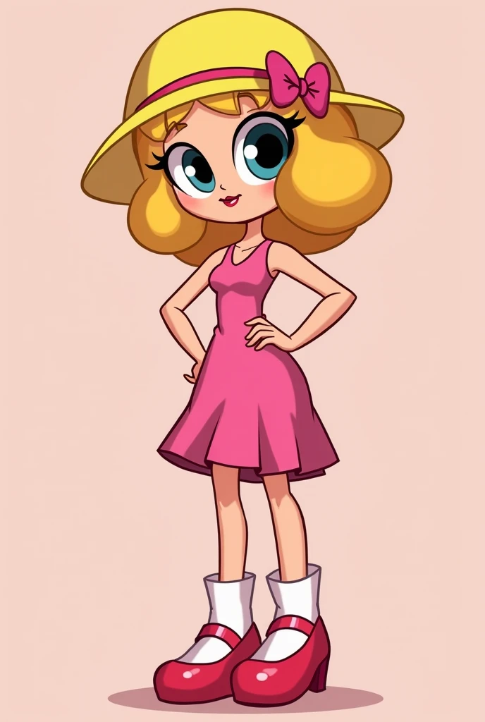 a  cartoon character in a pink dress and a yellow hat, a portrait of a character inspired by the cartoon  ,  trend in DeviantArt , pop art, Betty Cooper,  Lola Bunny fan art, Star Butterfly, Gadget Hackwrench, Powerpuff Girls style ,  iconic pink character...