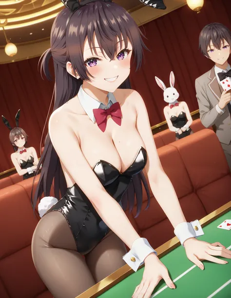 yuki suou,  long hair, bangs,Alone,  brown hair,   black hair,   hair between eyes ,   Purple Eyes,  half up do,Medium breast, cleavage,smile,blush, grin ,casinoで顧客対応, throw ,  In Front of the Game Table ,  Open Your Hand and Pick a Card, White Playboy Bun...