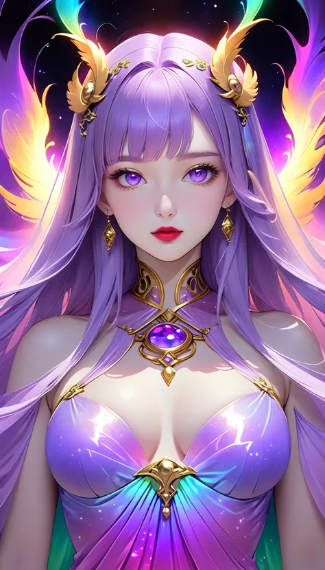 One woman, aged 20,  Goddess Athena,  pink and purple silk dress , 美のGoddess Athenaの顔は完璧である,   1 beautiful thin red silk half veil,  Dark and mysterious version,  red lips,  Pure and perfect face, Round Breasts, Phoenix Brooch,   straight bang , Black 長さ h...