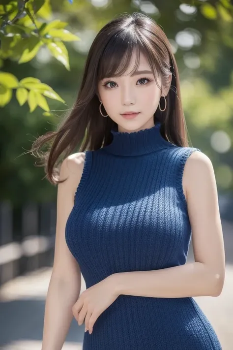 masutepiece, Best Quality, Ultra-detailed, finely detail, hight resolution, 8K picture quality, Perfect dynamic composition, Beautiful detailed eyes, Natural Lip, Dark blue knitted dress ,