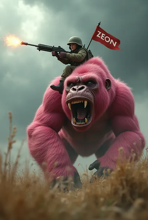 Macro photograph of a tiny soldier with a gun in a hand firring brutally, gripping a tiny flag named ZEON write on it while astride a pink gorilla. The pink gorilla are rendered in exquisite detail, with its menacing stinger catching the light. The backgro...