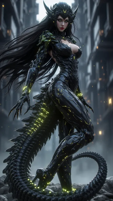 (masterpiece, best quality),  intricate details, 
1girl,     gzchan, scales,large breasts,tail,black hair,monster girl,glowing,kaijuu,claws, godzilla,