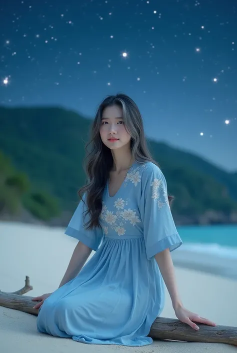  I produced and sent you a picture of a beautiful black haired Korean woman with gray highlights, wearing a light blue dress that covers the shoulders and chest,  with a white floral print pressed on the dress .  She sits on a small piece of wood on a whit...