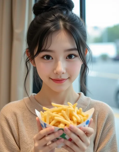 (A super cute Korean female college student is eating delicious french fries、Hold it out to the camera :1.2)( has a big smile:1.2)( I'm happy:1.1)(16k,  RAW photos ,  top quality,  Masterpiece: 1.2),( cute bun hair with glossy black hair )  Super Detail,  ...