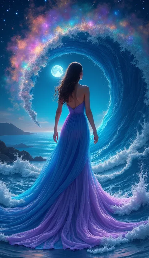 Beautiful women back, beautiful dress is merging with massif wave colorful Wave, background night sky with shinning moon and star,ultra details, realistic 8k