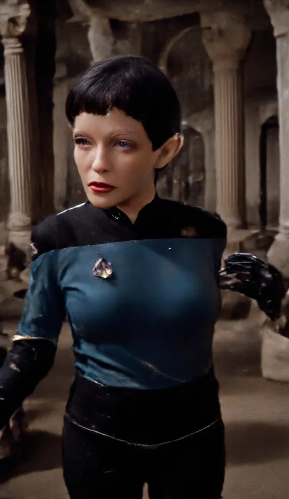 An vulcan woman T'Lyn with short hair stands in the ancient temple wearing ((TNG blue latex uniform)) (photography, high-resolution, dynamic, energetic,hyper-realistic, dramatic lighting, shallow depth of field.), detailmaximizer, MythP0rt