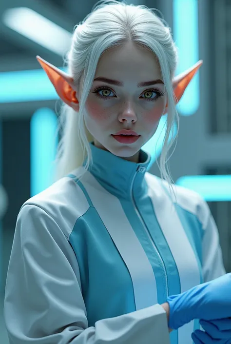 Beautiful, female, sci-fi, elf, doctor, blue medical gloves,