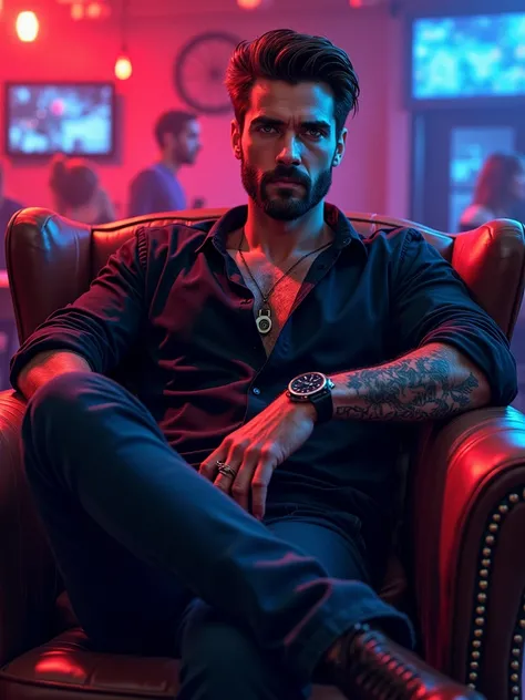 Realistic drawing of a young, attractive man, resembling Ian Somerhalder, with a strong build and a well-trimmed beard shadow, he is sitting and relaxing in a leather armchair inside a nightclub with red and blue neon lights. He is wearing a tight black lo...