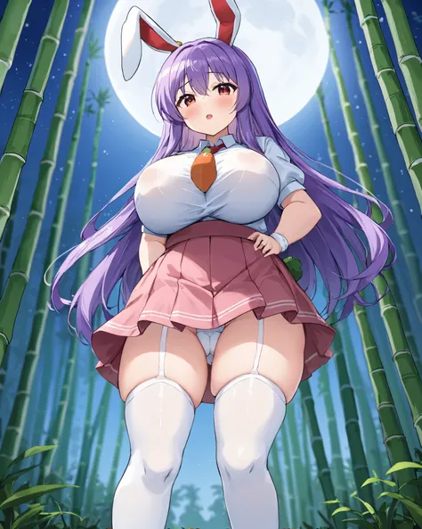 reisen udongein inaba,(((mini skirt))),((Plump thighs)),((Panty shots)), (((white thighhighs))),(((Thighs that are too thick and stick out from knee socks))),1girl,bangs,long_hair,solo,blush,skirt,breasts,large_breasts,open_mouth,animal_ears,eyebrows_visib...