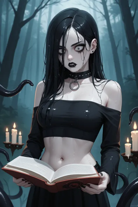 a sexy goth girl is reading a forbidden tome in the heart of the Black Forest when a violent storm suddenly begins. As the heavy rains soaks her hair, clothing, and skin, a beam of moonlight highlights her bare midriff. She watches in shocked horror as her...