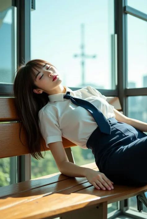 Sexy beautiful Japanese woman, a self defense officer uniform, wearing a white short-sleeved shirts, navy blue tie, navy blue pencil skirt, Black patent high heels, beautiful hip-line, Beautiful thighs, Lower half of woman sitting on wooden bench, upper ha...