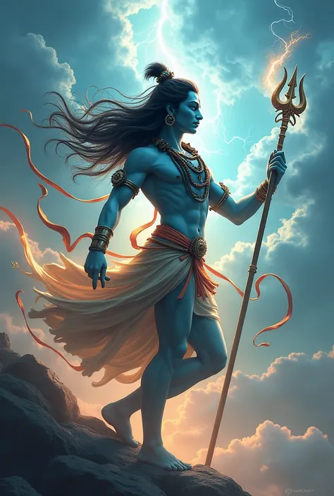 

"Create a dynamic AI animation of Lord Shiva in a serene yet powerful state. Show him gracefully dancing the Tandava, with his trident in one hand and the damru (drum) in the other. His matted hair sways with the rhythm of his movements, and the sacred G...