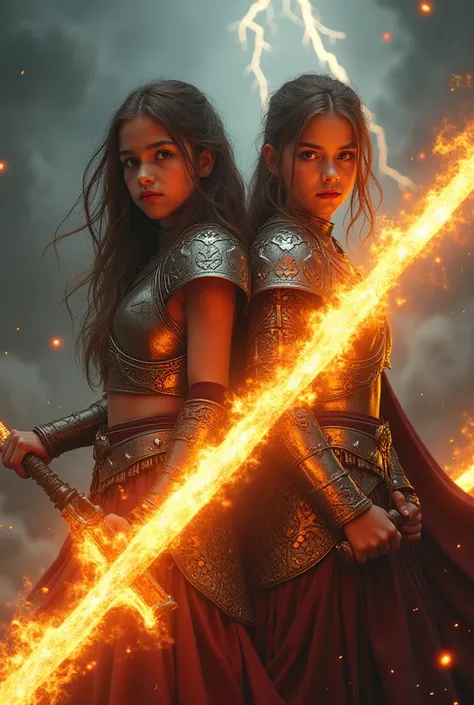 Two girls posing 
With fiery swords