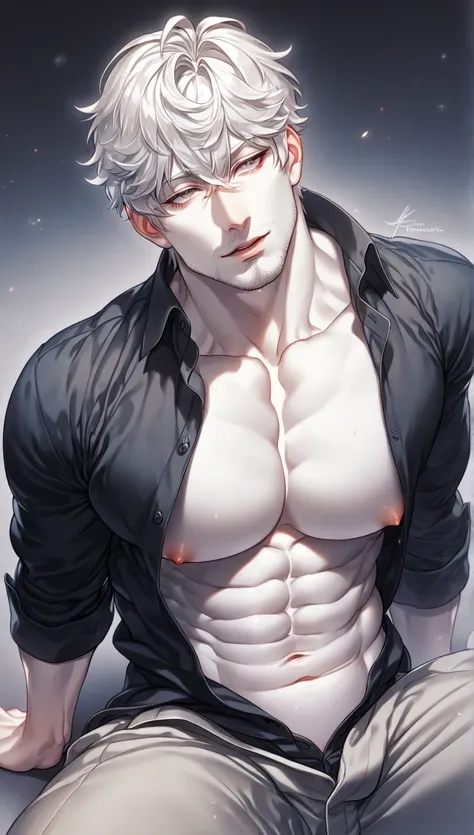 Ultra detailed, highres, absurdres, HDR, master piece, white hair with bangs, white eyelashes, expressive grey eyes, bare chest, toned chest, wearing baggy black shirt, sexy man sitting, pants unbottoned, handsome, best quality, fantasy, magical, lewd, hor...