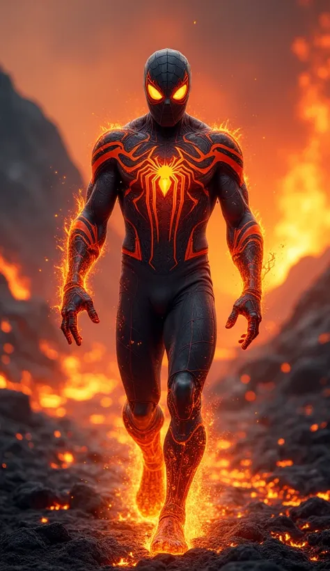 "A hyper-realistic fire elemental warrior, inspired by Spider-Man, walking towards the camera with unstoppable confidence, each step leaving molten footprints that quickly harden into obsidian. His suit is not fabric but forged from living magma, with crac...