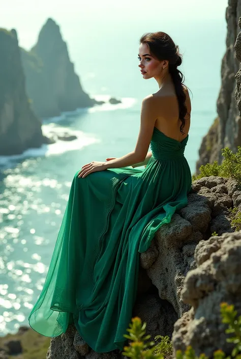 Magnifique femme portant une robe verte assise sur les rochers au bord d'une falaise